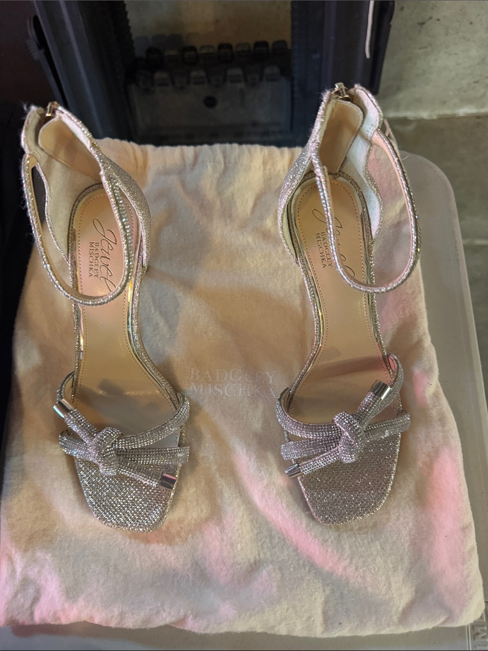 Badgley Mischka Silver Crystal Knot Ankle-Strap Heels NEW